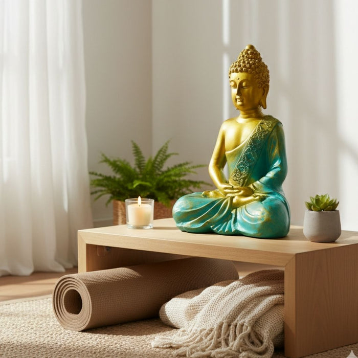 Wonderland Hand-Painted Gold & Teal Meditating Buddha Showpiece for Office, Temple, or Home