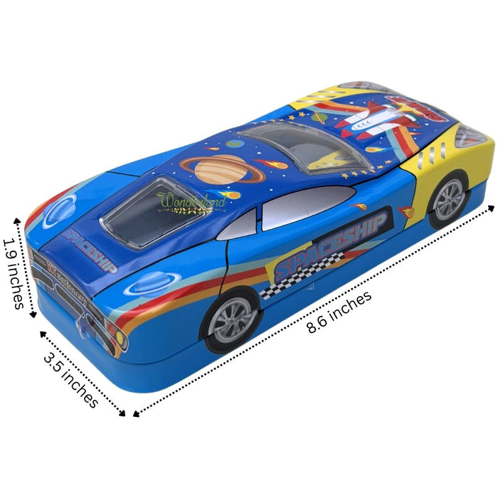 Wonderland Premium Car-Shaped Metal Pencil Box for Kids – Multi-Layer Stationery Organizer with Moving Wheels Blue Colour- 8x3.3x2 inch