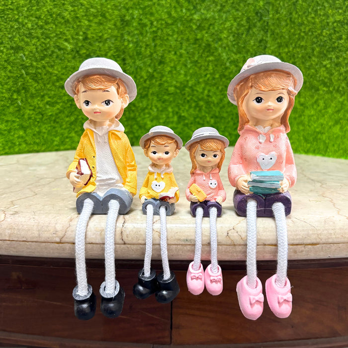 Wonderland 4-Piece Family Figurine Set with Hanging Dolls  - Cute Resin Sitter Statues - Hand-Painted Family of Four Home Decor for Bookshelves (Bench Not Included)