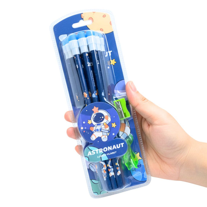 Wonderland 2B Pencil set -Pack of 12  with top erasers , 1 grip and 1 sharpner | Writing pencils for school and return gifts(Astronaut Blue)