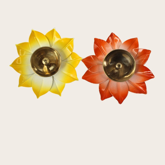 Wonderland Dual Lotus Diya Set (Yellow & Orange) set of 2| Brass Candle holder| Diwali festive décor