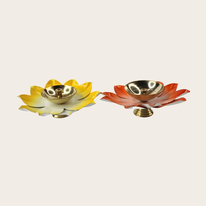 Wonderland Dual Lotus Diya Set (Yellow & Orange) set of 2| Brass Candle holder| Diwali festive décor