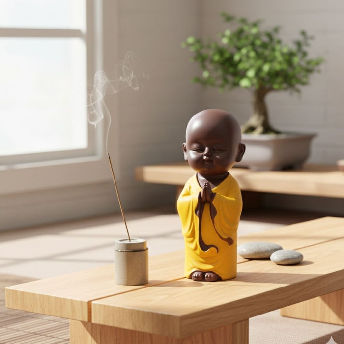 Wonderland Peaceful Monk Idol in Yellow Robe | Good Luck Decorative Showpiece