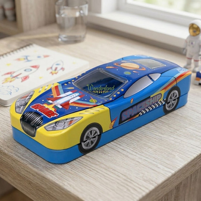 Wonderland Premium Car-Shaped Metal Pencil Box for Kids – Multi-Layer Stationery Organizer with Moving Wheels Blue Colour- 8x3.3x2 inch