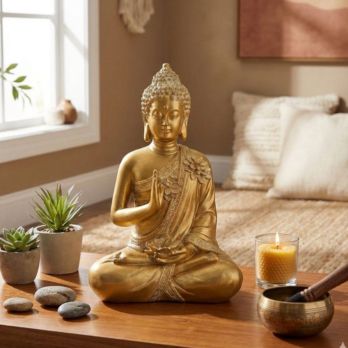Wonderland Large 13-Inch Golden Meditating Buddha Statue – Premium Decorative Idol for Home Entrance, Living Room, and Gifting | Elegant Buddha Showpiece with Floral Engravings