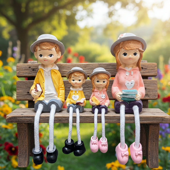 Wonderland 4-Piece Family Figurine Set with Hanging Dolls  - Cute Resin Sitter Statues - Hand-Painted Family of Four Home Decor for Bookshelves (Bench Not Included)