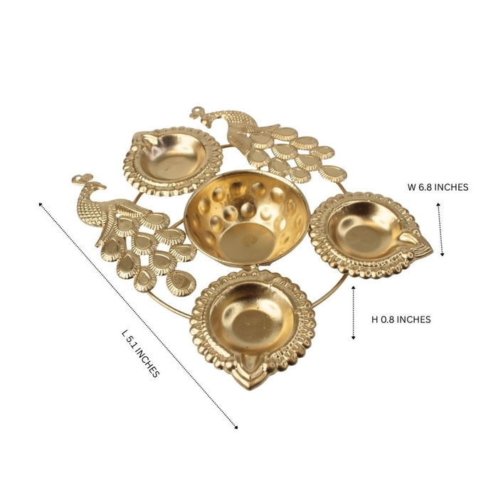 Wonderland 7 inch Gold Finish peacock urli with diya