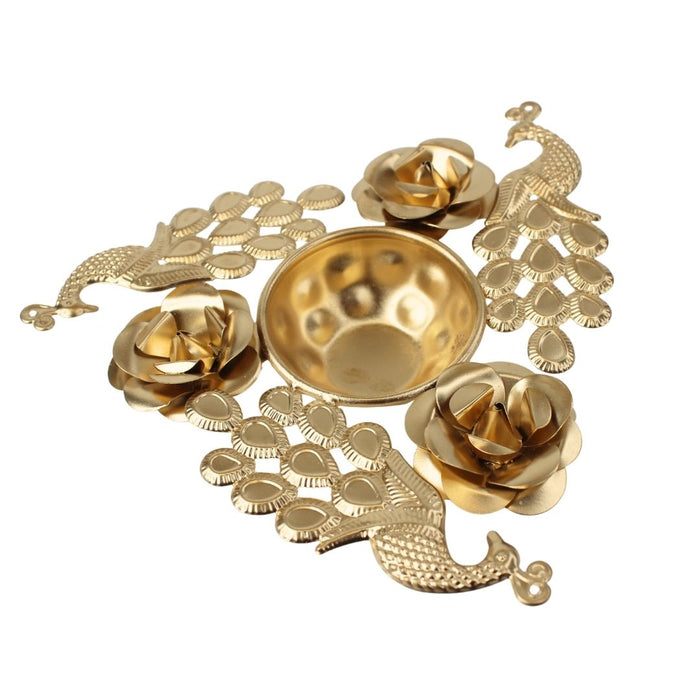 Wonderland Gold Finish Peacock urli in 7 inches with diya