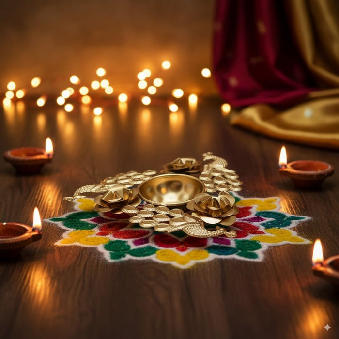 Wonderland Gold Finish Peacock urli in 7 inches with diya