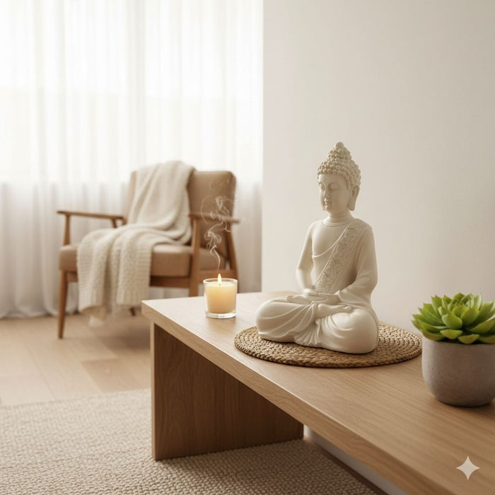 Wonderland White Meditating Buddha Statue for Home Decor