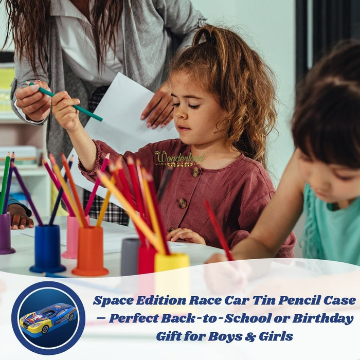Wonderland Premium Car-Shaped Metal Pencil Box for Kids – Multi-Layer Stationery Organizer with Moving Wheels Blue Colour- 8x3.3x2 inch