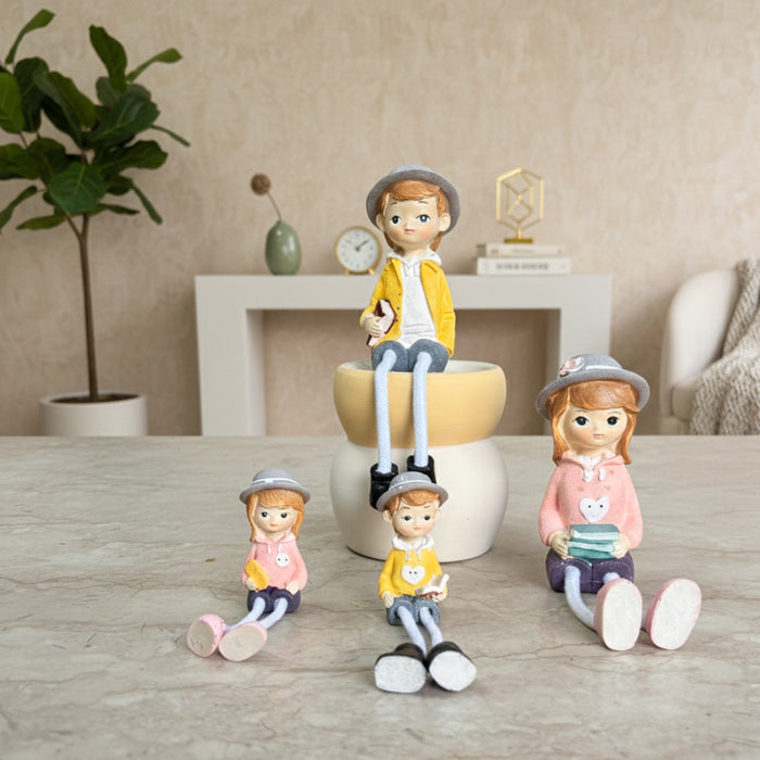 Wonderland 4-Piece Family Figurine Set with Hanging Dolls  - Cute Resin Sitter Statues - Hand-Painted Family of Four Home Decor for Bookshelves (Bench Not Included)