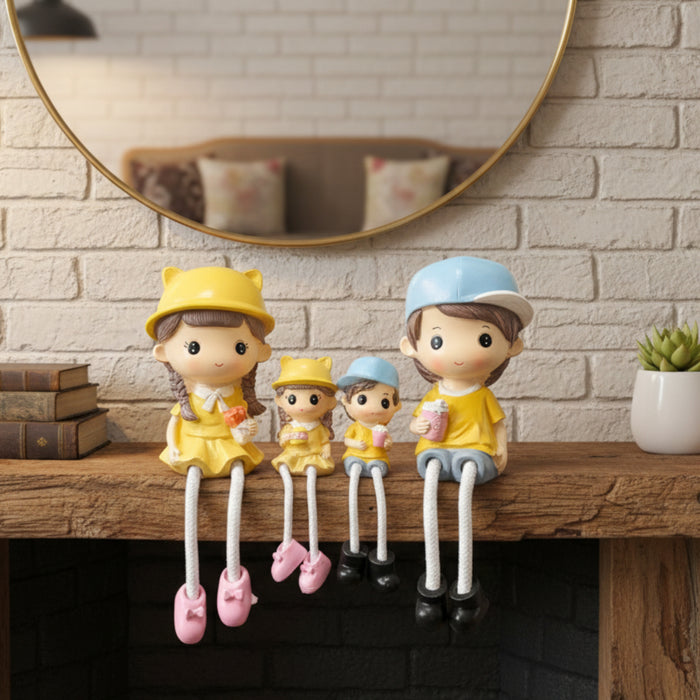Wonderland Family of 4 Cute Shelf Hanging Doll Figurines - Hand-Painted Resin Parent & Child Statues with Long Legs - Set of 4 Home Decor Ornaments for Bookshelf, (Bench Not Included)