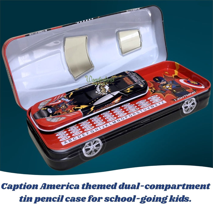 Wonderland Premium Car-Shaped Metal Pencil Box for Kids – Multi-Layer Stationery Organizer with Moving Wheels Black Colour- 8x3.3x2inch