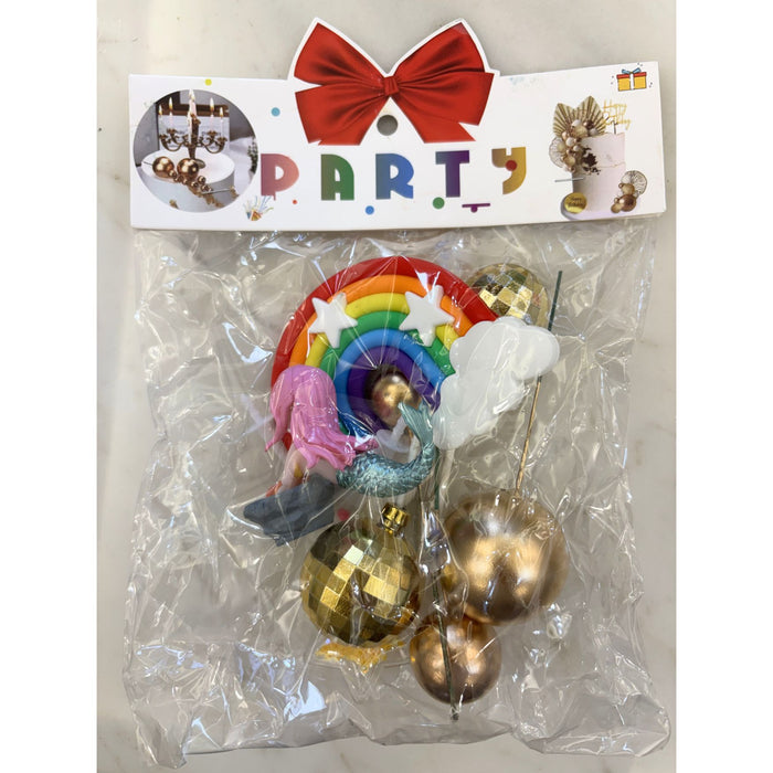 Wonderland Mermaid & Rainbow Cake Topper Set with Disco Ball and Gold Sphere Accents|Kawaii Girl Figurine, Rainbow, Clouds, Gold Balloon Balls - Birthday Party Supplies & Decorations for Girls Kids