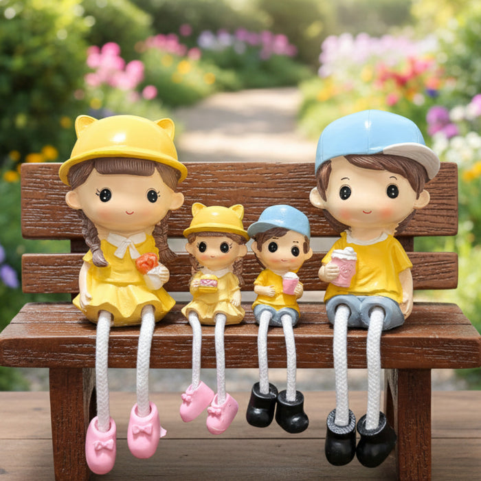 Wonderland Family of 4 Cute Shelf Hanging Doll Figurines - Hand-Painted Resin Parent & Child Statues with Long Legs - Set of 4 Home Decor Ornaments for Bookshelf, (Bench Not Included)