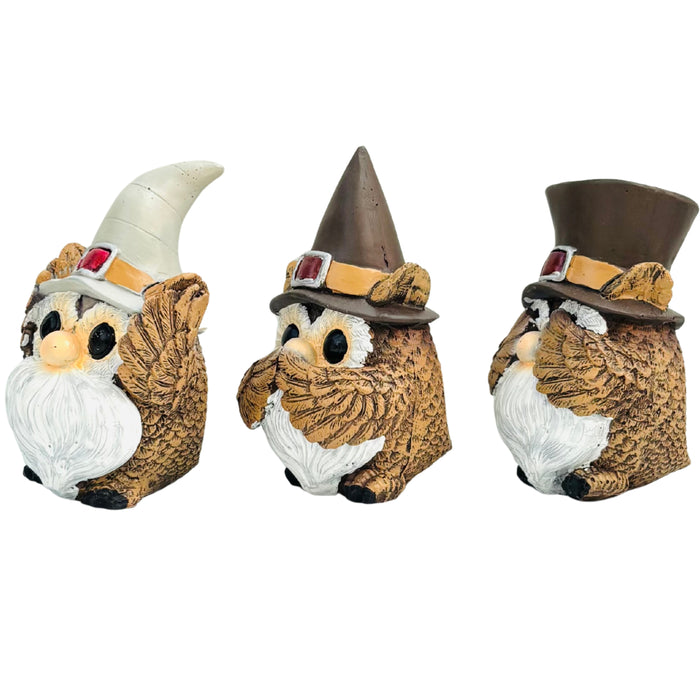 Wonderland set of 3 Whimsical Owl Gnome Figurine Set – Trio of Forest Wise Men Home Decor
