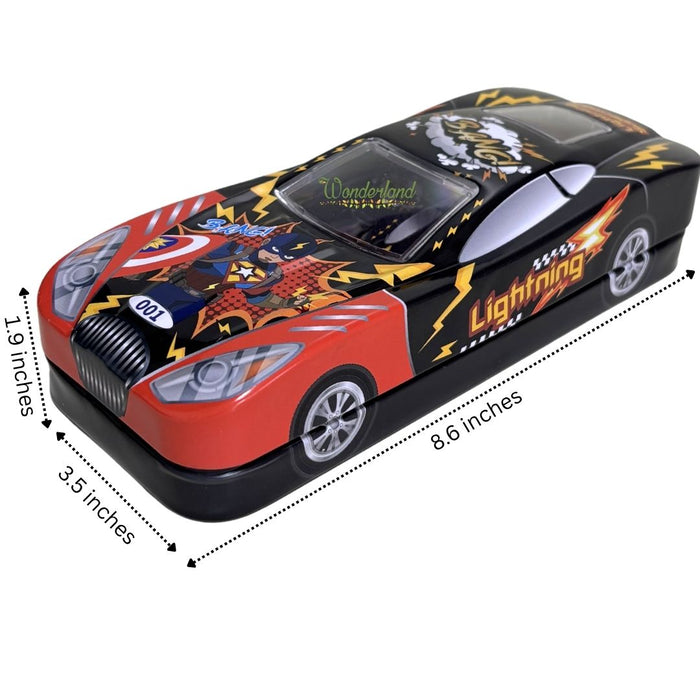 Wonderland Premium Car-Shaped Metal Pencil Box for Kids – Multi-Layer Stationery Organizer with Moving Wheels Black Colour- 8x3.3x2inch