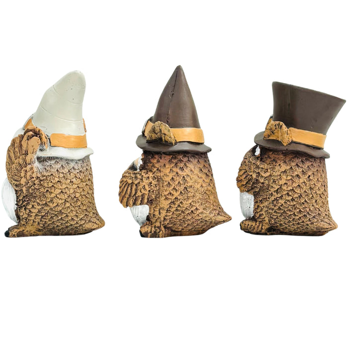 Wonderland set of 3 Whimsical Owl Gnome Figurine Set – Trio of Forest Wise Men Home Decor