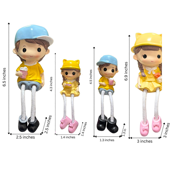 Wonderland Family of 4 Cute Shelf Hanging Doll Figurines - Hand-Painted Resin Parent & Child Statues with Long Legs - Set of 4 Home Decor Ornaments for Bookshelf, (Bench Not Included)