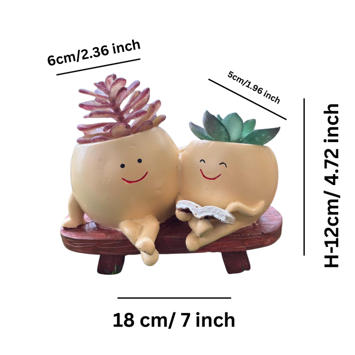 Wonderland Double Smiling Friends Succulent Pot – Whimsical Twin Character Planter for Mini Cactus & Indoor Greenery, Happy Home & Office Decor