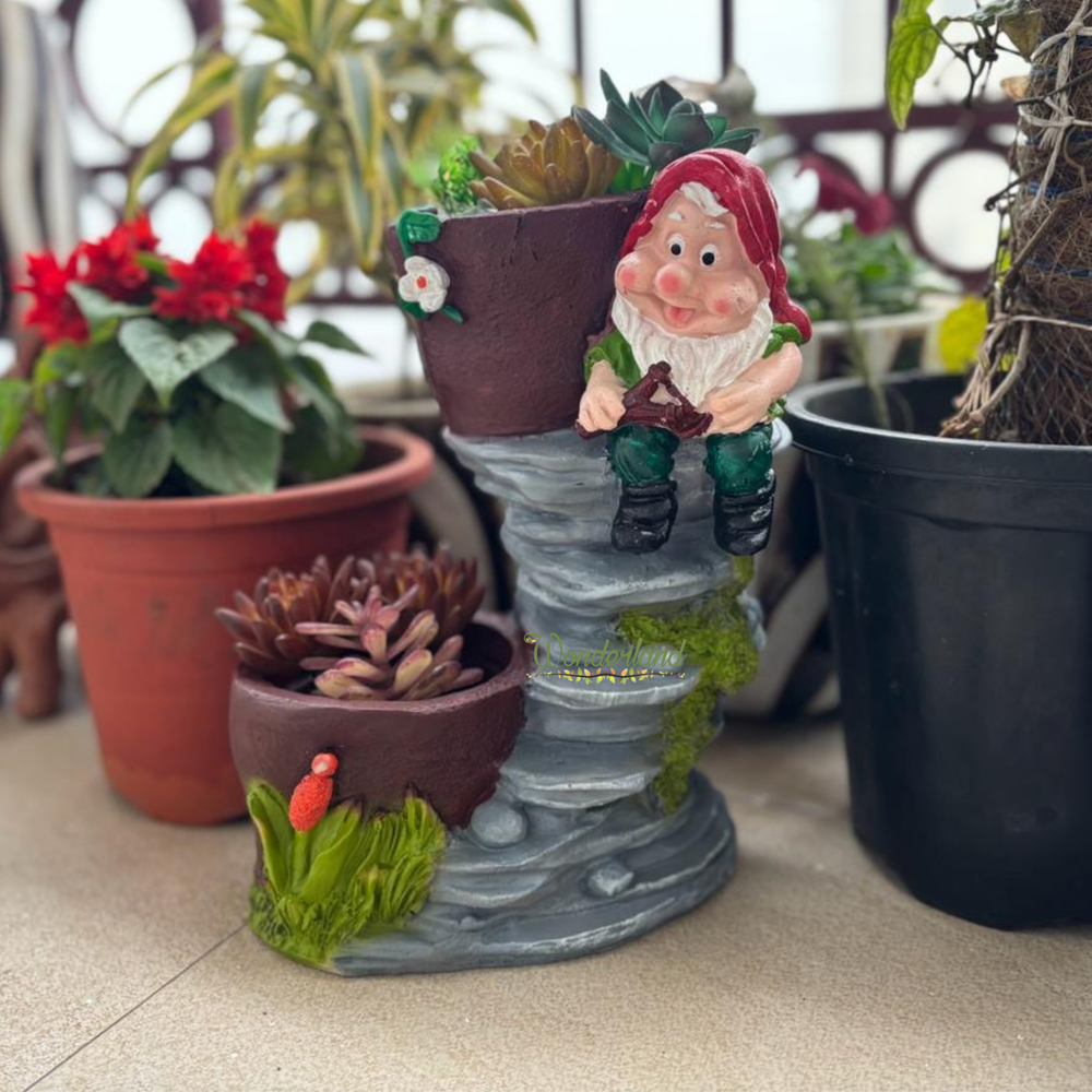 Hand-Painted Gnome Sculpture Two-Pot Planter |Indoor/Outdoor Dual-Pot- Material Resin