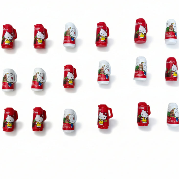 Wonderland 10pc Miniature Hello Kitty Thermos Set – 1:12 Scale Dollhouse Accessories, Tiny Water Flask Charms for DIY Crafts, Scrapbooking & Fairy Gardens (Red & White Mix)