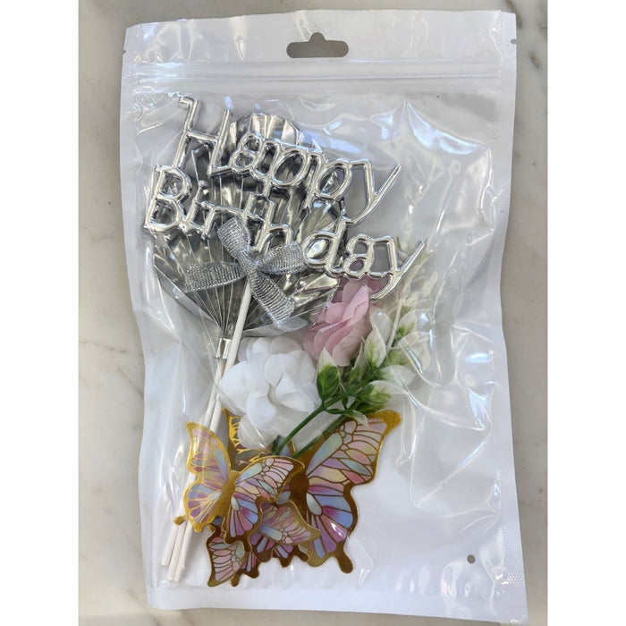 Wonderland Silver "Happy Birthday" Butterfly Cake Topper Set