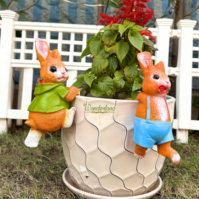 Wonderland Whimsical Climbing Bunny Garden Pot Hangers - Set of 2 Hand-Painted Resin Rabbit Ornaments for Planters and Flower Pots