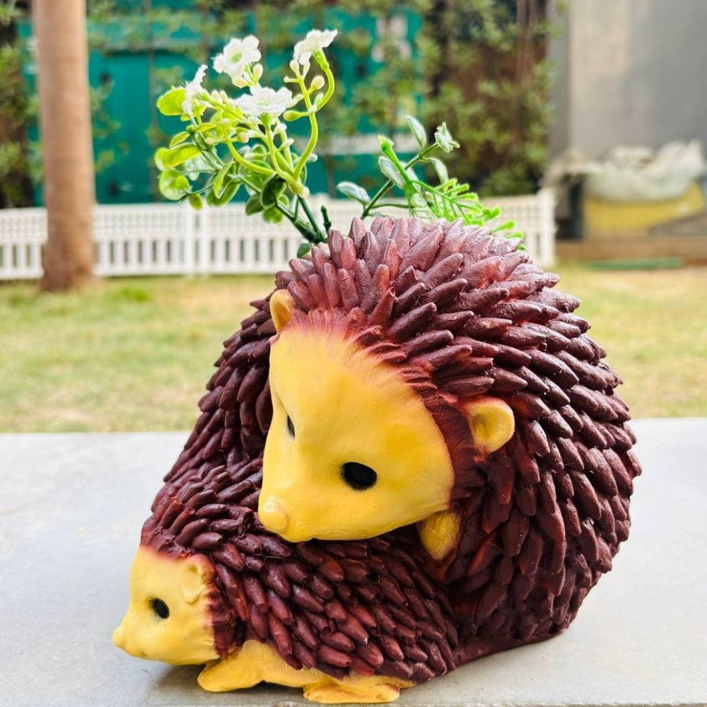 Hedgehog Mother and Baby Planter - Resin Garden Pot