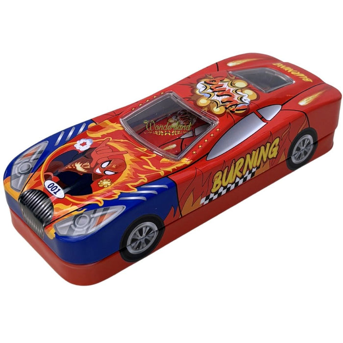 Wonderland Premium Car-Shaped Metal Pencil Box for Kids – Multi-Layer Stationery Organizer with Moving Wheels Orange Colour- 8x3.3x2inch