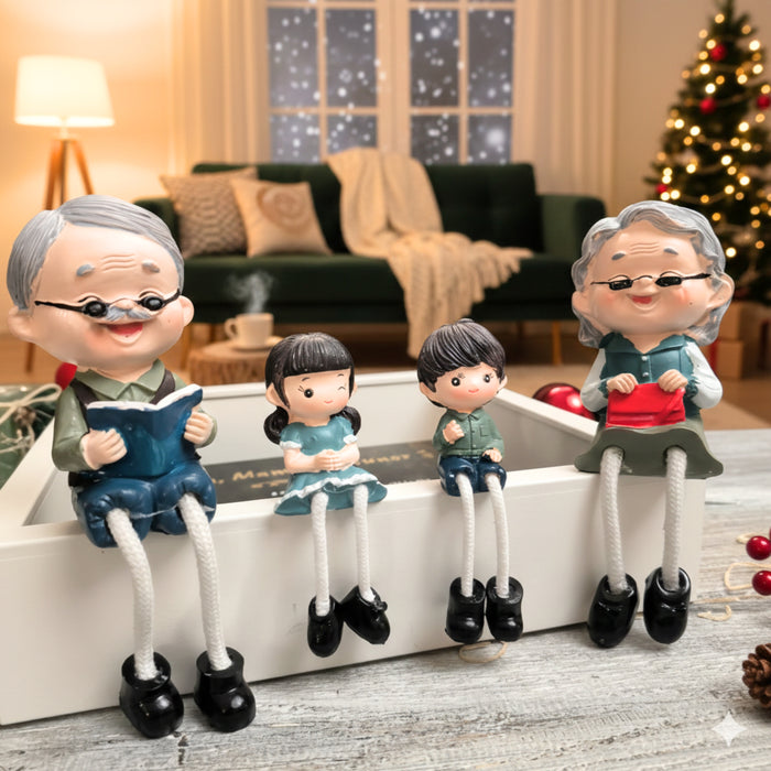 Wonderland 4-Piece Grandparents and Grandchildren Shelf Sitter Figurine Set|Hand-Painted Family Statues with Dangle Rope Legs| Heartwarming Home Decor for Shelves,  (Bench Not Included)
