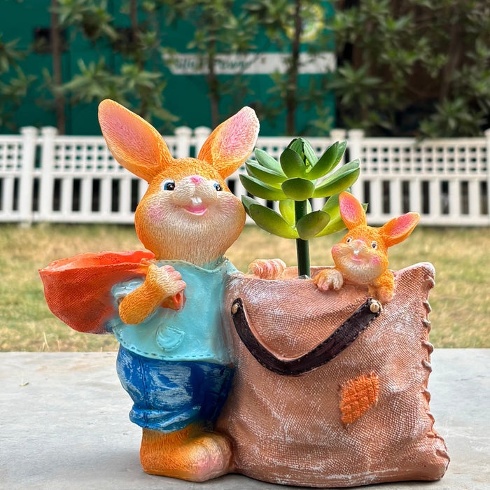 Wonderland Whimsical Rabbit Garden Planter Statue – Hand-Painted Bunny Family Figurine with Flower Pot & Storage Sack – Durable Resin Outdoor Decor for Patio, Yard, and Home- plant not included