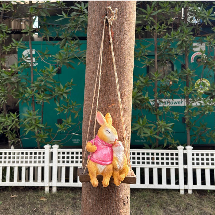 Wonderland Whimsical Hanging Rabbit and Mouse Garden Statue – Hand-Painted Resin Bunny Figurine on Decorative Wood-Style Swing for Home, Patio, or Nursery Decor