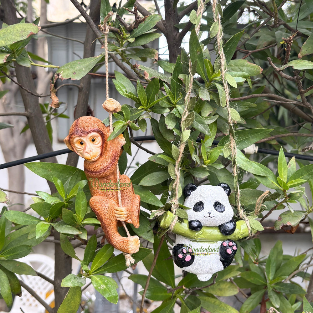 Mini Hanging Garden Statue Set – Panda on Swing & Hanging Monkey Figurines