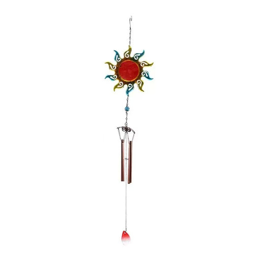 Metal sun wind chime with a red and blue celestial design and four copper tubes.