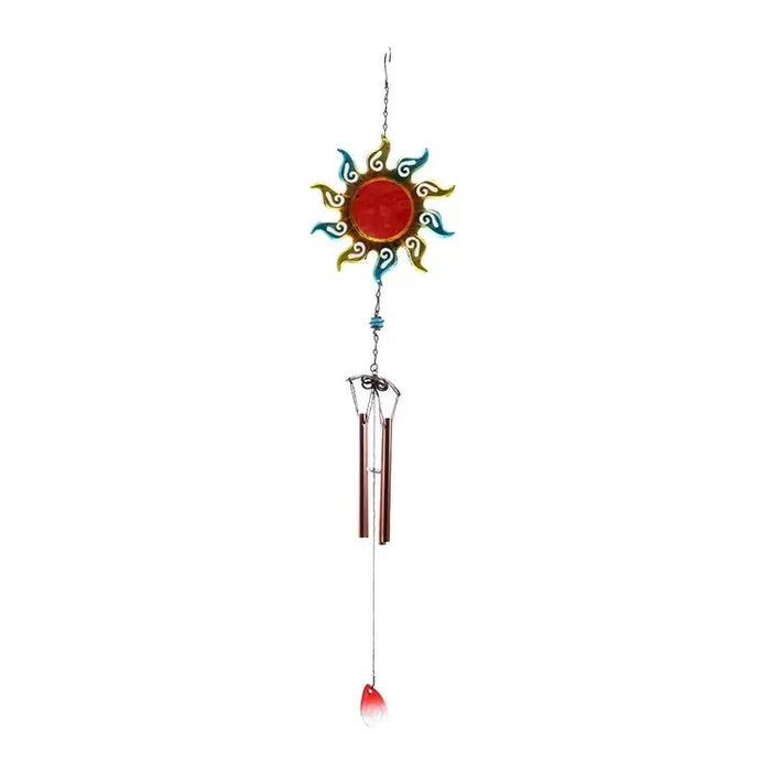 Metal sun wind chime with a red and blue celestial design and four copper tubes.