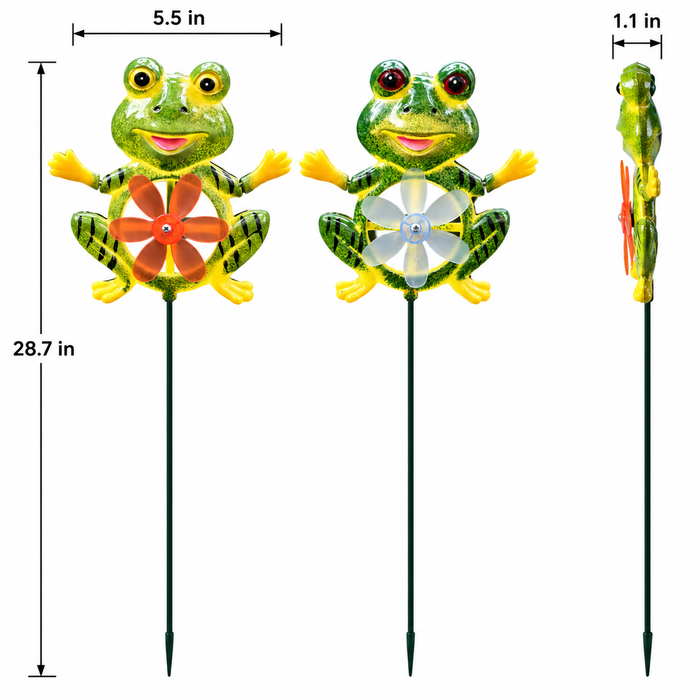 Decorative Frog Garden Stakes with Wind Spinner (Pack of 2) – Cute Metal Animal Plant Pot Stakes, Weather-Resistant Outdoor Lawn, Patio & Yard Decor