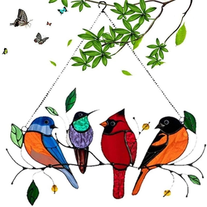 Wonderland Vibrant birds on Branch Metal Art Hanging Wind Chime | Colourful Window Decor with Red & Blue Birds