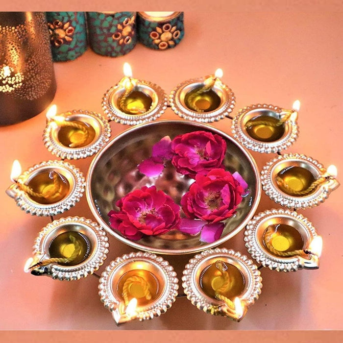 Wonderland Diwali Festive Diya Set with Hammered Urli in 14 inches