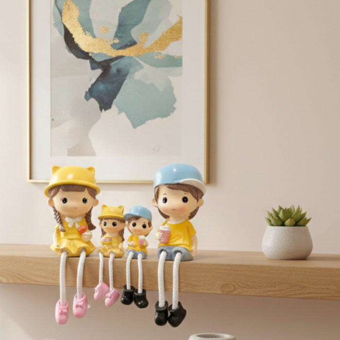 Wonderland Family of 4 Cute Shelf Hanging Doll Figurines - Hand-Painted Resin Parent & Child Statues with Long Legs - Set of 4 Home Decor Ornaments for Bookshelf, (Bench Not Included)