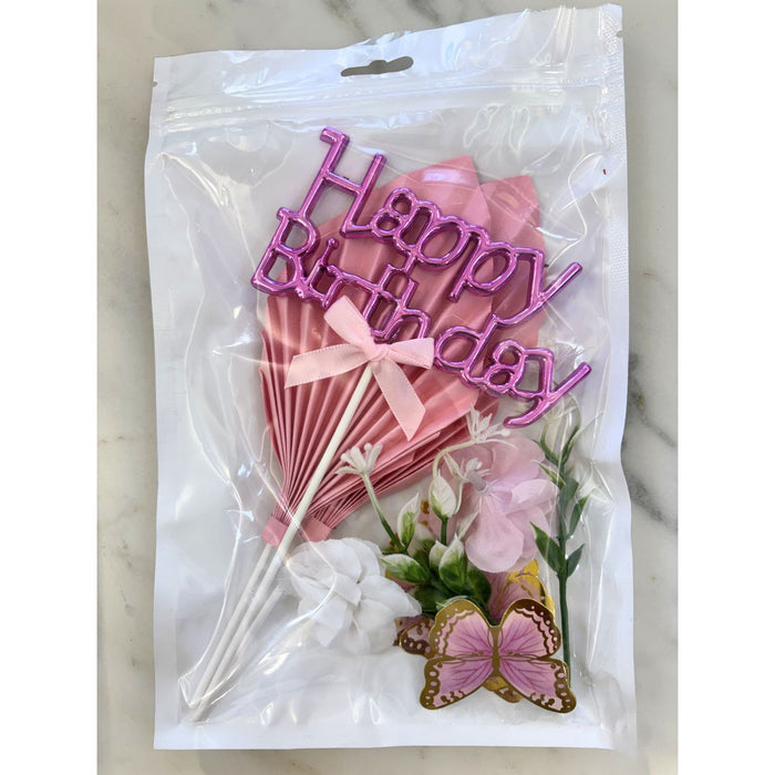 Wonderland Pink "Happy Birthday" Butterfly & Floral Cake Topper Set