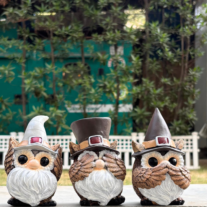 Wonderland set of 3 Whimsical Owl Gnome Figurine Set – Trio of Forest Wise Men Home Decor