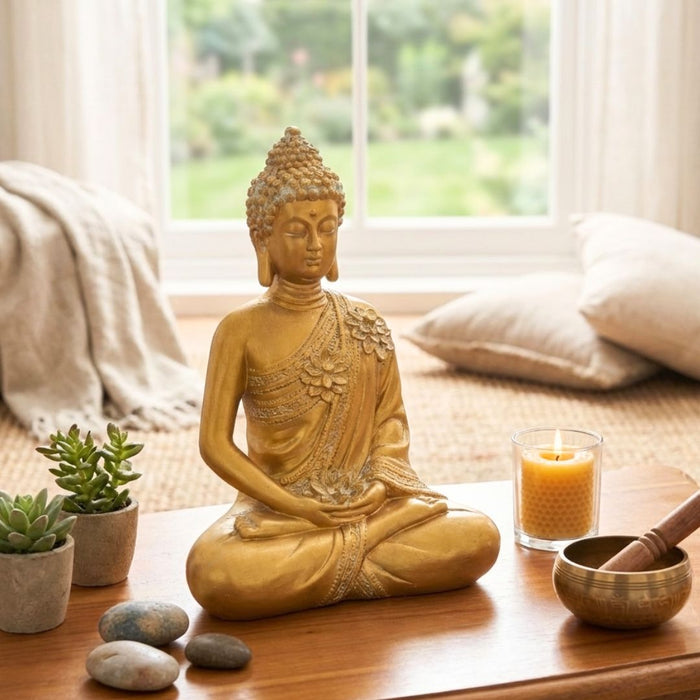 Wonderland Elegant Golden Meditating Buddha Statue for Home Decor and Gifting – Antique Finish Spiritual Idol for Living Room, Office, and Vastu
