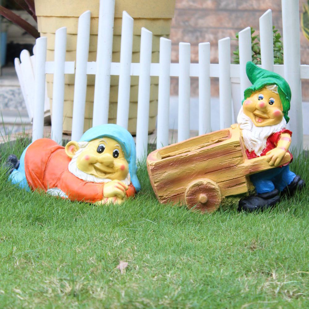 SET of 2 (Combo) Gnome Dwarf sleeping statue and gnome pushing cart planter for home décor, garden decoration