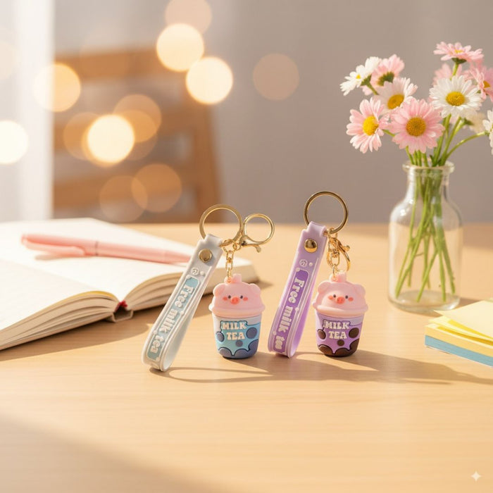 Wonderland Kawaii style ( set of 2) Milk Tea Buddy Keychains with Holder Accessories, Backpack Car Key Chain for Boy Girl