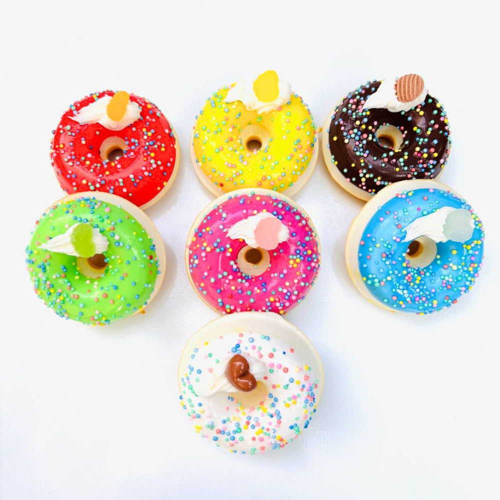Wonderland Set of 7 Colorful Artificial Glazed Donuts with Sprinkles | Realistic Display Props| Fake Food Donuts for Décor, Bakery Display