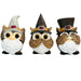 Three small owl statues with white beards and hats. One owl covers its ears, one covers its mouth, and one covers its eyes.