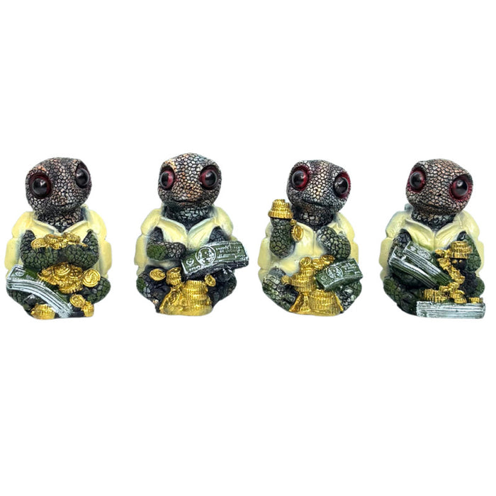 Set of four miniature turtle figurines with textured shells, holding stacks of gold coins and green cash bills.