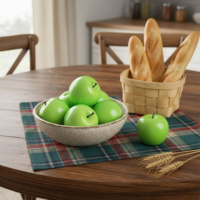 Set of 6 Artificial Bright Green Apples with Brown Stems